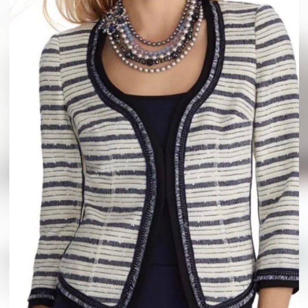 White House Black Market Cream and Navy Striped Tweed Blazer